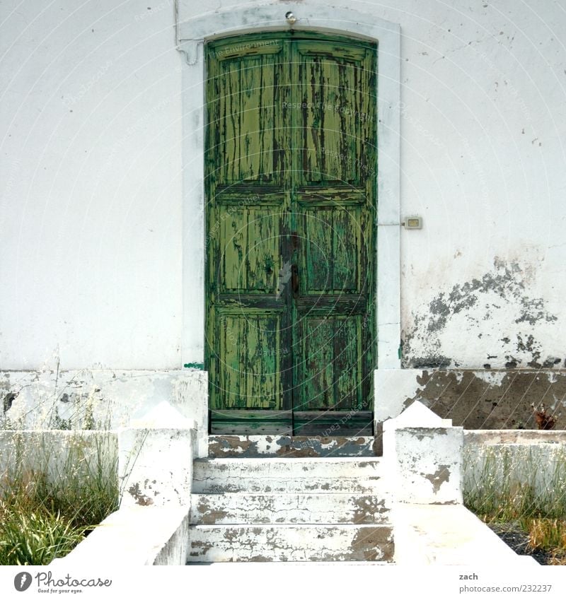 The paint is off House (Residential Structure) Architecture Stairs Facade Door Stone Old Green White Colour photo Exterior shot Deserted Copy Space left Day