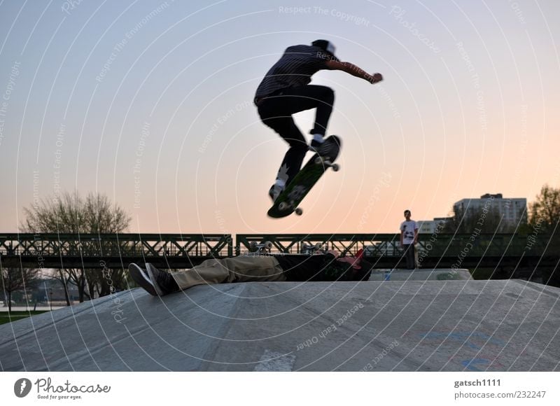 trust Skate park Trick jump Sports Skateboard Young man Youth (Young adults) Friendship Bridge Concrete Flying Jump Exceptional Athletic Crazy Joy Cool (slang)