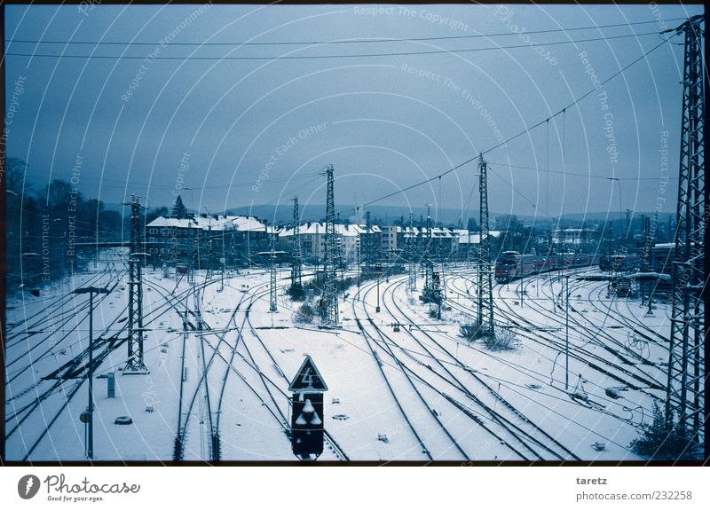 The big picture Aachen House (Residential Structure) Logistics Winter Switchyard Train station Overhead line Empty Town Dark Cold Bad weather