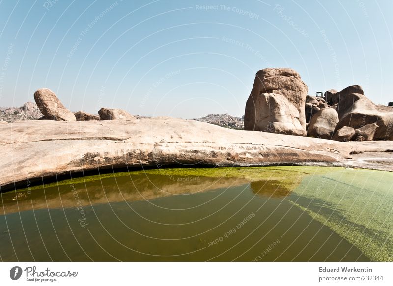 Green Lake Landscape Water Nature India Hampi Stone Rock Brown Sky Colour photo Exterior shot Copy Space top Day Puddle Deserted