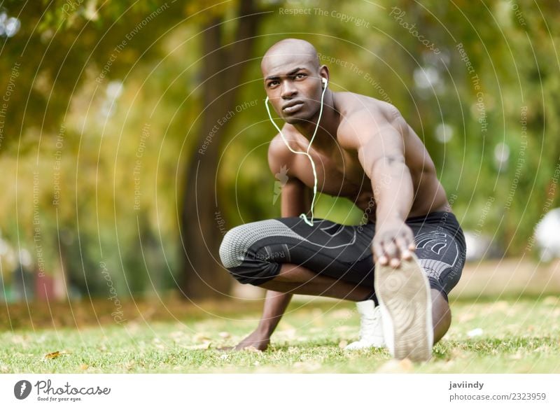 Fit shirtless young black man doing stretching after running Lifestyle Body Sports Human being Masculine Young man Youth (Young adults) Man Adults 1