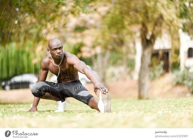 Shirtless black man doing stretching in urban park. Lifestyle Body Sports Human being Masculine Young man Youth (Young adults) Man Adults 1 18 - 30 years