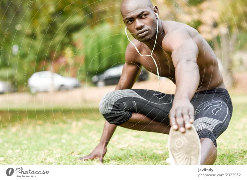 Fit shirtless young black man doing stretching Lifestyle Body Sports Human being Masculine Young man Youth (Young adults) Man Adults 1 18 - 30 years Fitness