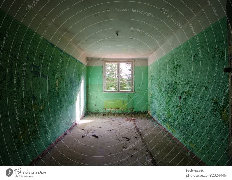 Space seems lost Ruin Architecture Wall (building) Window Room Flare Retro Green Apocalyptic sentiment Symmetry Transience Change lost places Weathered