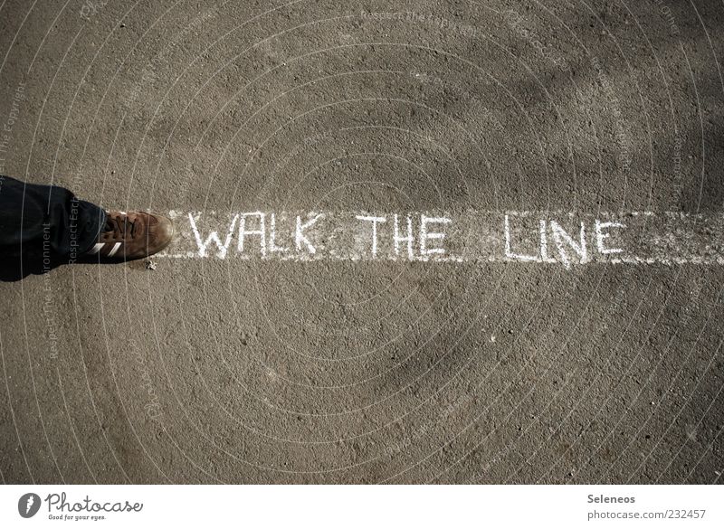 Walk the line! Leisure and hobbies Playing Human being Feet Pedestrian Street Footwear Sign Characters Line Stripe Going Walking Demand Chalk White Colour photo