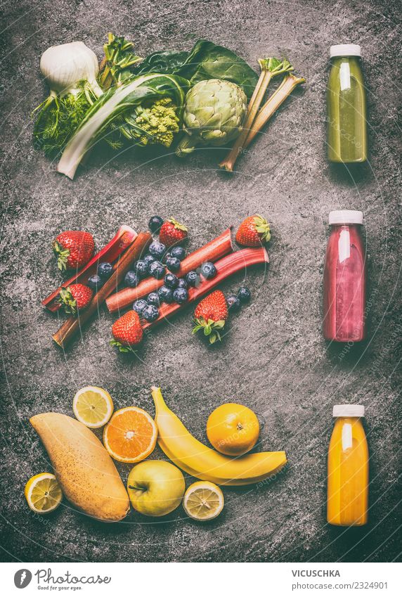 Green, yellow and red smoothie with ingredients Food Vegetable Fruit Nutrition Organic produce Vegetarian diet Diet Beverage Cold drink Juice Bottle Shopping