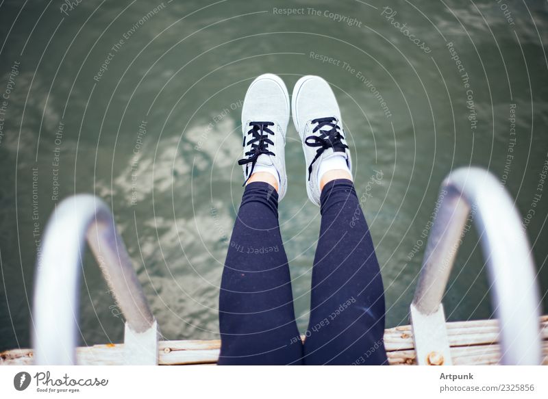 Feet dangling off the dock Footwear Sneakers Water Dock Wood Sock Leggings Beach Shoelace Vacation & Travel Woman 18 - 30 years Youth (Young adults) Dangle Sit