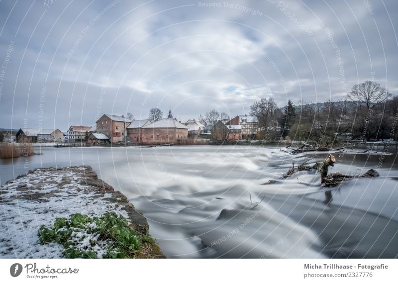 River and rapids in winter Tourism Waves Winter Snow Environment Nature Landscape Water Sky Clouds Sun Weather Wind Ice Frost River bank Waterfall Village Town