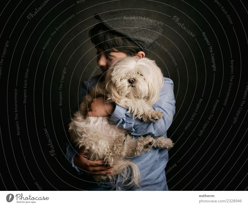 boy hugging his dog Lifestyle Joy Human being Masculine Child Toddler Boy (child) Infancy 1 3 - 8 years Animal Pet Dog Baby animal To hold on Smiling Together