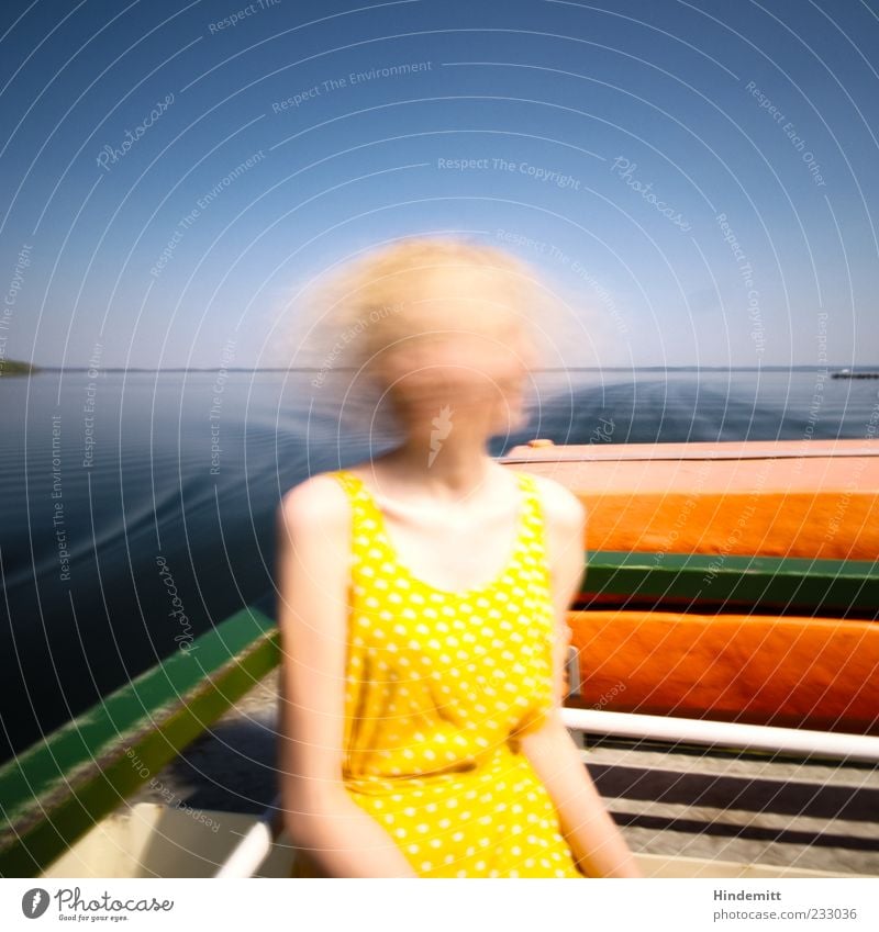 #233036 Trip Sun Waves Boating trip Feminine Young woman Youth (Young adults) 1 Human being Lake Lake Chiemsee Dress Long-haired Movement Relaxation