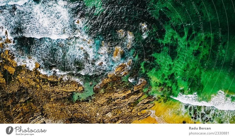 Aerial View From Flying Drone Of Ocean Waves Environment Nature Landscape Sand Water Summer Weather Beautiful weather Hill Rock Coast Beach Vacation & Travel