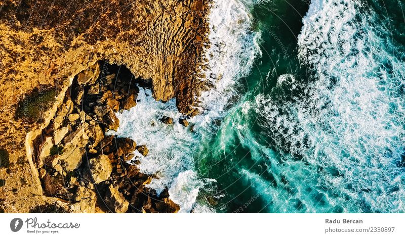 Aerial View From Flying Drone Of Ocean Waves Environment Nature Landscape Earth Sand Water Summer Weather Bad weather Storm Wind Gale Hill Rock Coast Beach