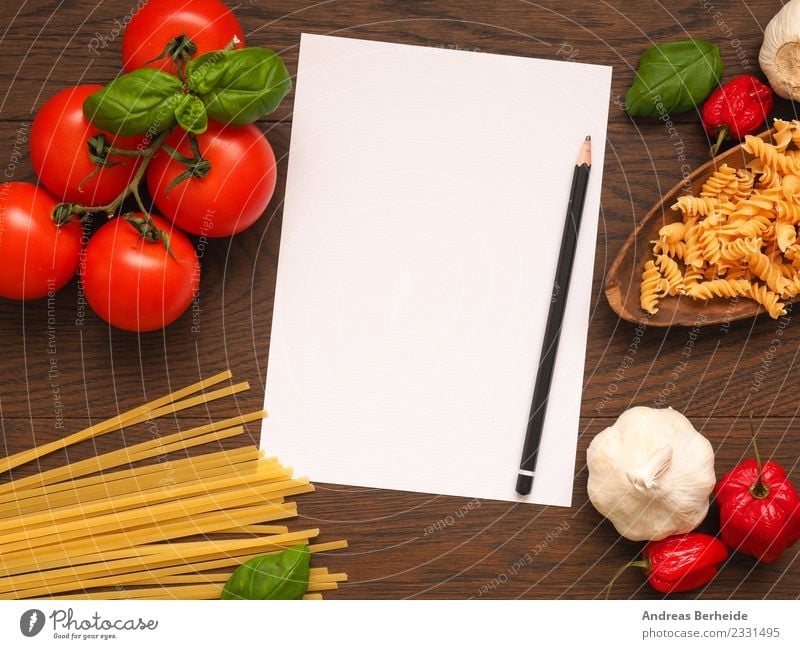 Recipe slip for pasta with ingredients Food Vegetable Herbs and spices Organic produce Italian Food Notebook Delicious Yellow Healthy top view view from above