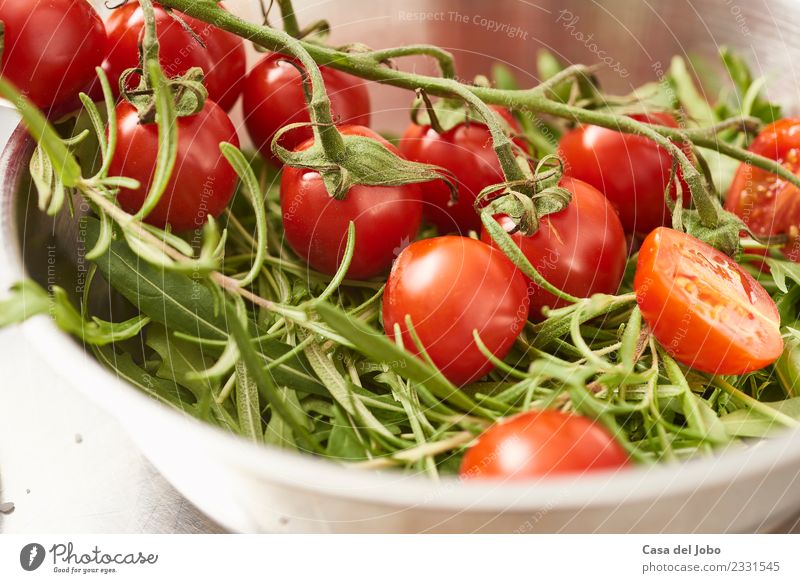 cherry tomatoes in a bowl with salad and herbs Cheese Vegetable Lettuce Salad Herbs and spices Lunch Dinner Vegetarian diet Diet Plate Lifestyle Healthy