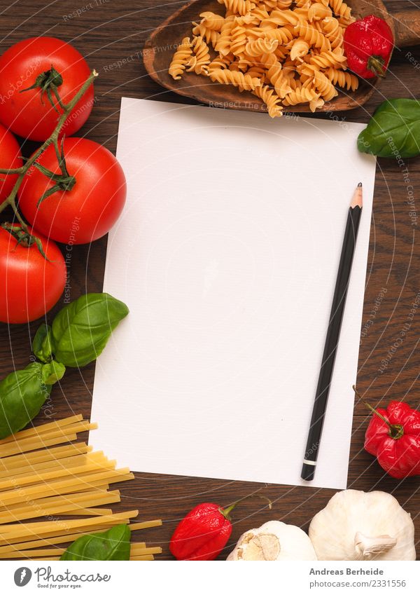 Recipe slip for pasta with ingredients Food Vegetable Herbs and spices Organic produce Vegetarian diet Italian Food Delicious Yellow Background picture basil