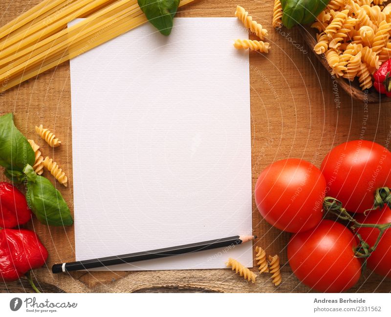 Recipe slip for pasta with ingredients Food Vegetable Herbs and spices Organic produce Vegetarian diet Italian Food Delicious Yellow Background picture basil