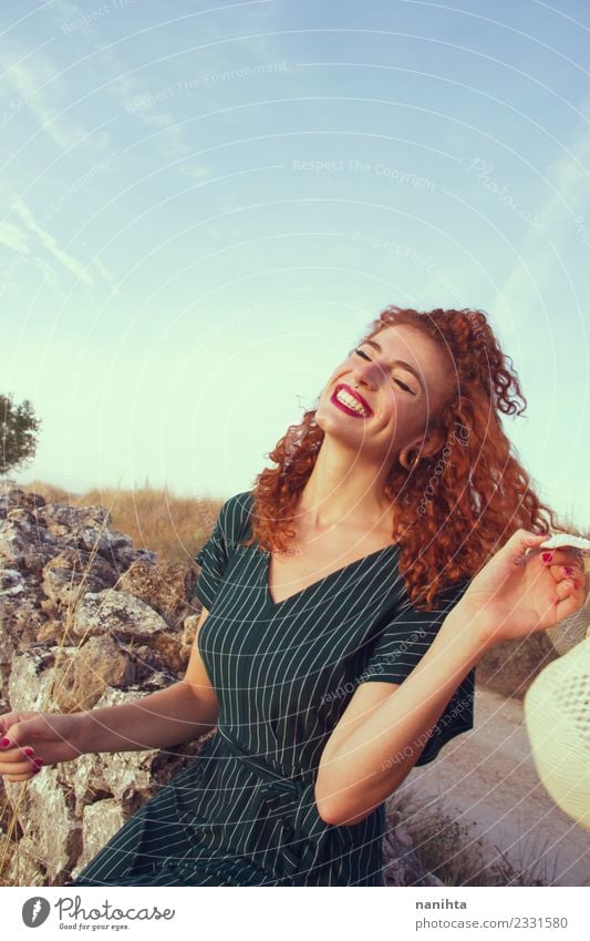 Young redhead woman enjoying life in holidays Lifestyle Elegant Style Joy Hair and hairstyles Healthy Wellness Well-being Vacation & Travel Freedom Summer