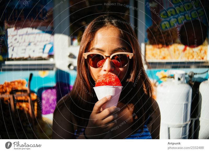 Young asian woman eating snow cone Woman Asians Youth (Young adults) 18 - 30 years Young woman Fairs & Carnivals Sweet Candy Ice Ice cream Food stall Summer