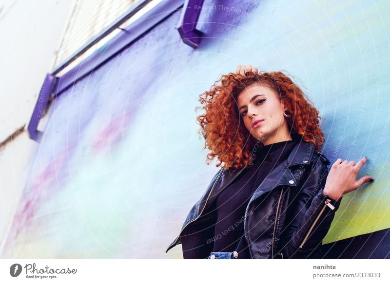 Young redhead woman against a colorful wall Lifestyle Style Design Beautiful Hair and hairstyles Human being Feminine Young woman Youth (Young adults) 1