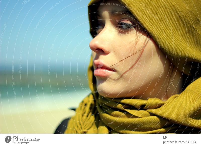 Mustard cashmere scrutiny Human being Feminine Young woman Youth (Young adults) Head Face Eyes Mouth Lips 1 18 - 30 years Adults Fashion Scarf Headscarf Looking