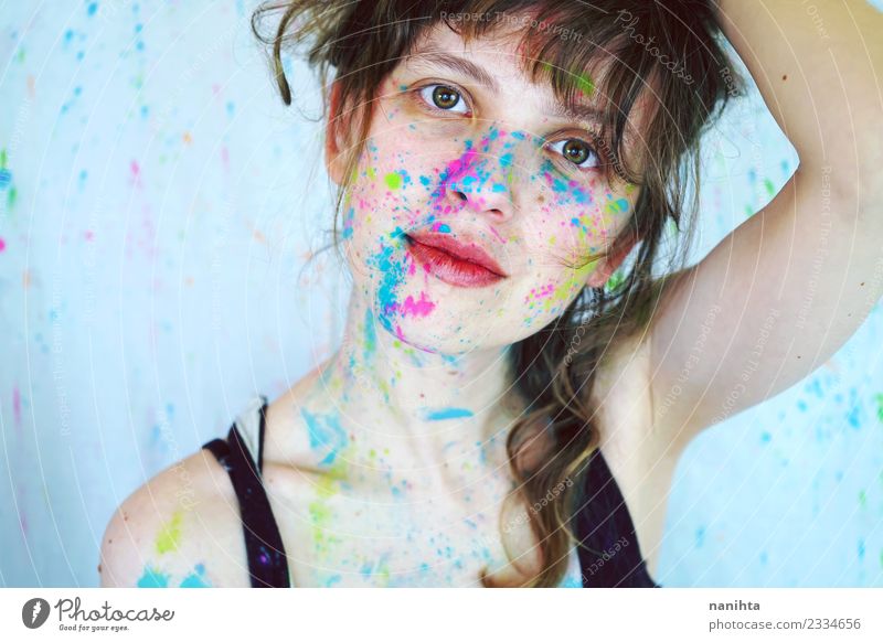 Young beautiful woman with paint in her face Style Design Beautiful Skin Face Make-up Human being Feminine Young woman Youth (Young adults) 1 18 - 30 years