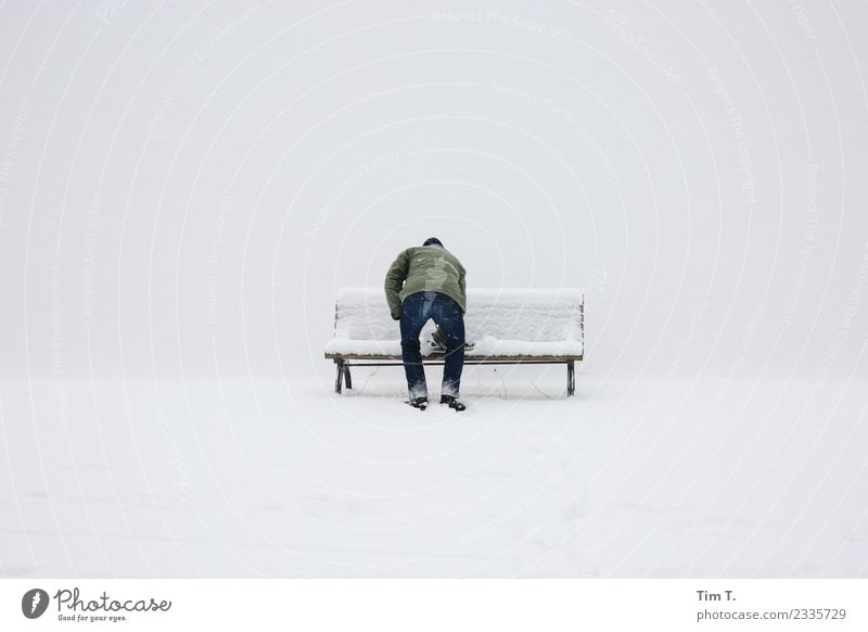 winter Human being Masculine 1 45 - 60 years Adults Downtown Berlin Town Capital city Bench Winter Snow Colour photo Exterior shot Copy Space left