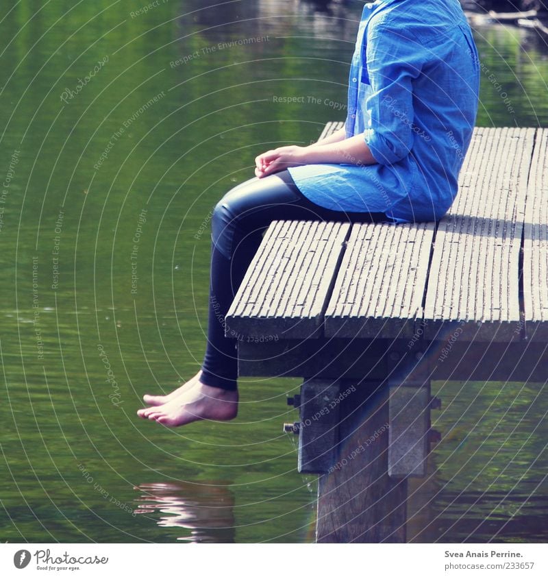 headless. Legs Feet 1 Human being 18 - 30 years Youth (Young adults) Adults Water Beautiful weather Shirt Leggings Sit Uniqueness Thin Footbridge Pond