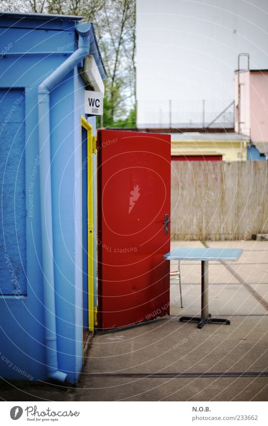 We'll have to Summer Beach bar Facade Outside toilet Blue Red Toilet Colour photo Exterior shot Copy Space top Day Multicoloured Door Open Table Downspout
