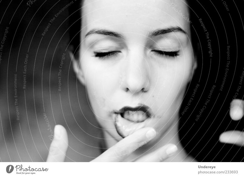 Duty lips Human being Woman Adults Youth (Young adults) Head Lips Fingers 1 18 - 30 years Beautiful Black White Black & white photo Exterior shot Close-up