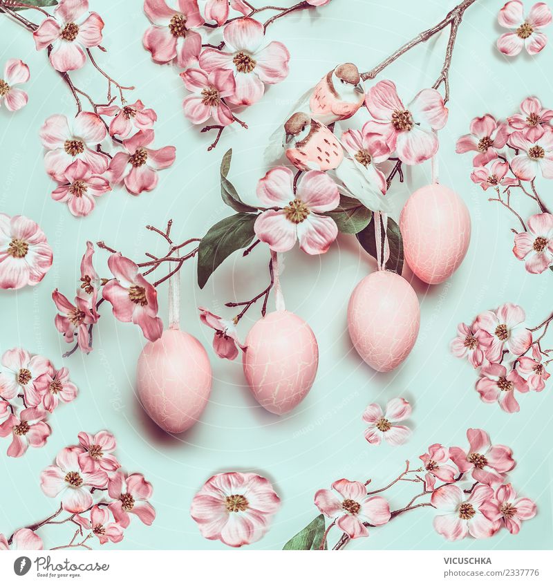 Hanging Easter eggs with pink flowers Style Design Spa Nature Plant Spring Leaf Blossom Decoration Bouquet Ornament Yellow Pink Tradition Background picture