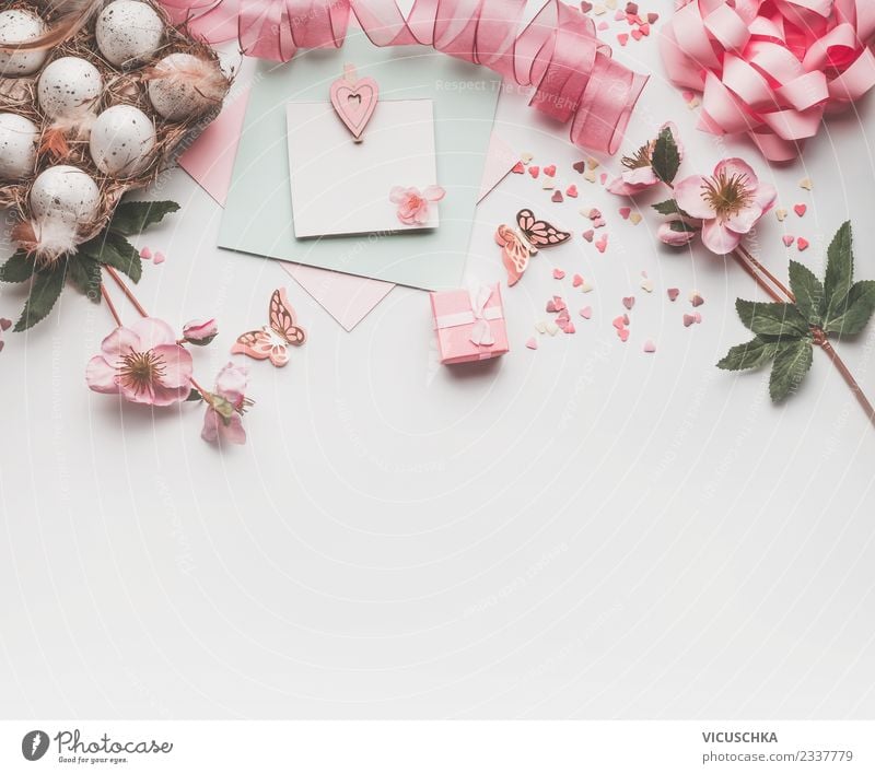 Easter background with pastel pink decoration Style Design Feasts & Celebrations Spring Decoration Bouquet Sign Jump Hip & trendy Pink White Tradition