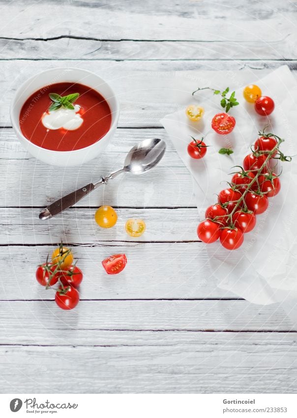 tomato soup Food Vegetable Nutrition Lunch Organic produce Vegetarian diet Bowl Spoon Fresh Healthy Red Tomato Tomato soup Wooden table Vine tomato