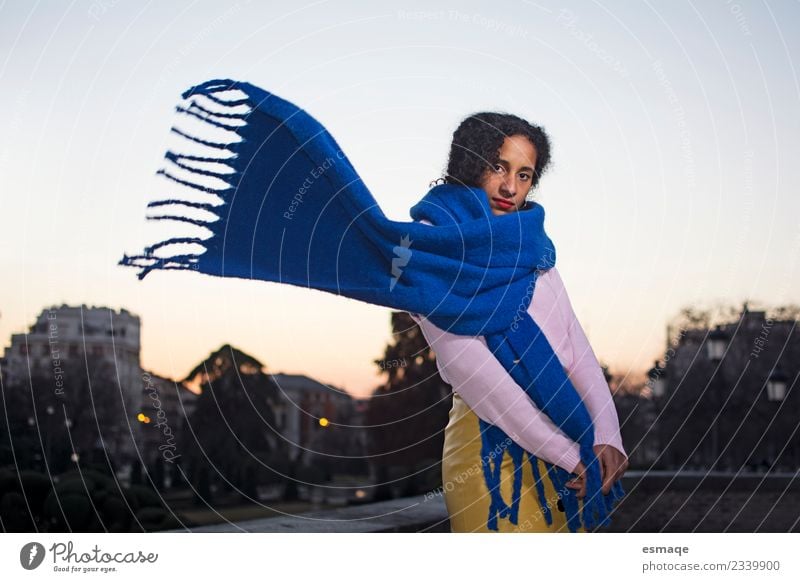 Young mulatto girl with scarf in the night city Lifestyle Style Exotic Joy Healthy Feminine Young woman Youth (Young adults) Village Small Town Scarf Fresh