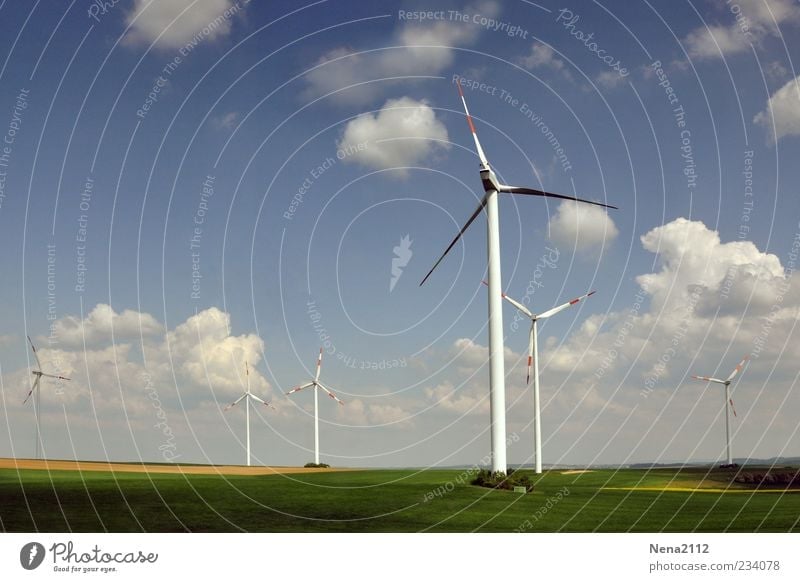 wind power Air Sky Clouds Sunlight Spring Summer Climate Climate change Weather Beautiful weather Wind Meadow Field Blue Wind energy plant