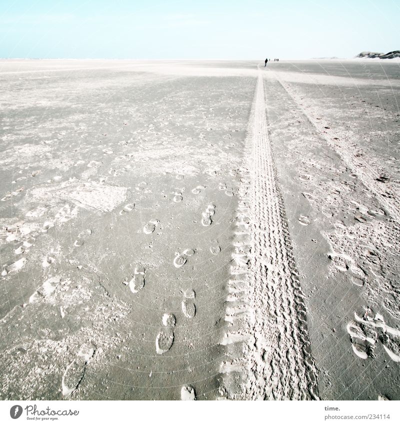 Spiekeroog Wreckfinder. Far-off places Beach Sand Horizon Footprint Blue Tracks Skid marks Imprint Beige Dune Beach dune Relief Mud flats Nature reserve