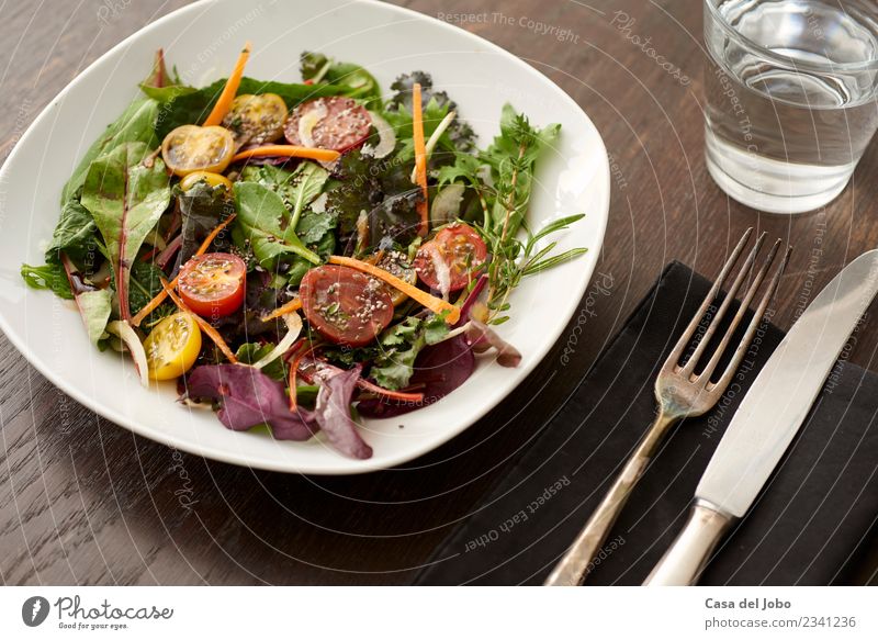 fresh salad on nice wooden table Vegetable Nutrition Eating Lunch Dinner Vegetarian diet Diet Plate Lifestyle Table Kitchen Restaurant Leaf Wood Fresh Delicious