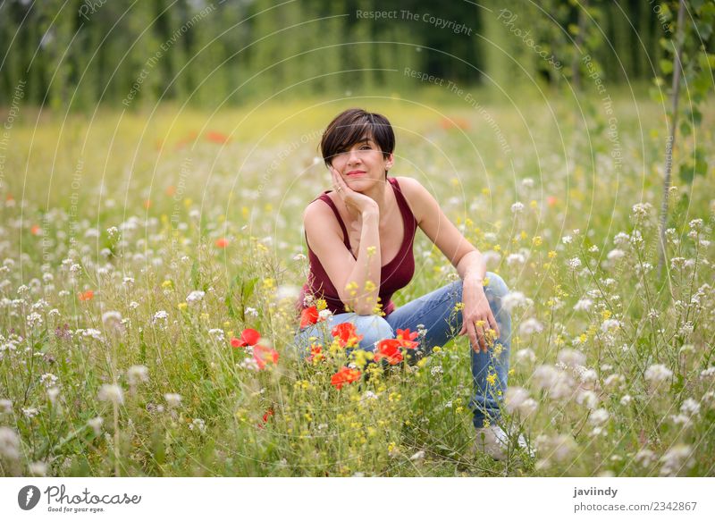 Happy woman with short haircut in poppies field. Lifestyle Joy Beautiful Playing Child Young woman Youth (Young adults) Woman Adults 1 Human being 30 - 45 years