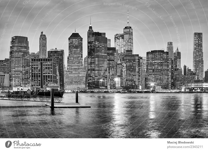Black and white New York City skyline at night. Office Sky River Downtown Skyline High-rise Bank building Harbour Building Architecture Wall (barrier)
