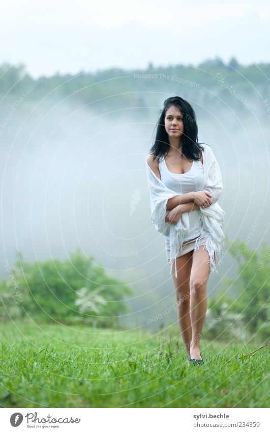 morning fog Beautiful Well-being Contentment Human being Feminine Young woman Youth (Young adults) Life Legs 1 Environment Nature Landscape Plant Spring Weather