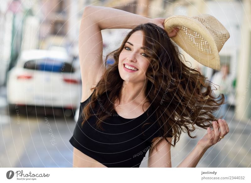 Happy young woman with sun hat outdoors Lifestyle Style Beautiful Hair and hairstyles Summer Human being Woman Adults Youth (Young adults) 1 18 - 30 years