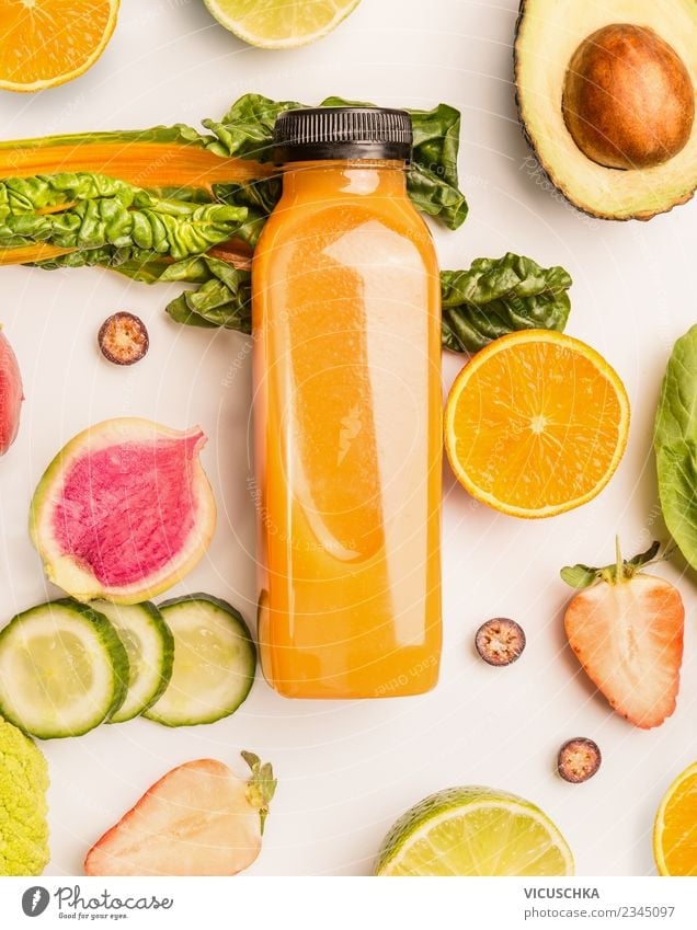Bottle with yellow juice or smoothie and ingredients Food Vegetable Fruit Beverage Cold drink Juice Shopping Style Design Healthy Healthy Eating Summer Table
