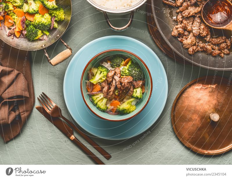 Balanced diet: beef, steamed vegetables and rice Food Meat Vegetable Grain Nutrition Lunch Dinner Diet Crockery Plate Pot Cutlery Style Design Healthy Eating
