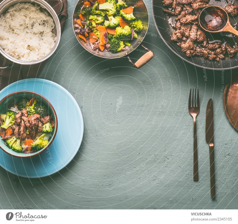 Beef, steamed vegetables and rice Food Meat Vegetable Grain Nutrition Lunch Dinner Organic produce Diet Crockery Plate Pot Cutlery Style Design Healthy Eating
