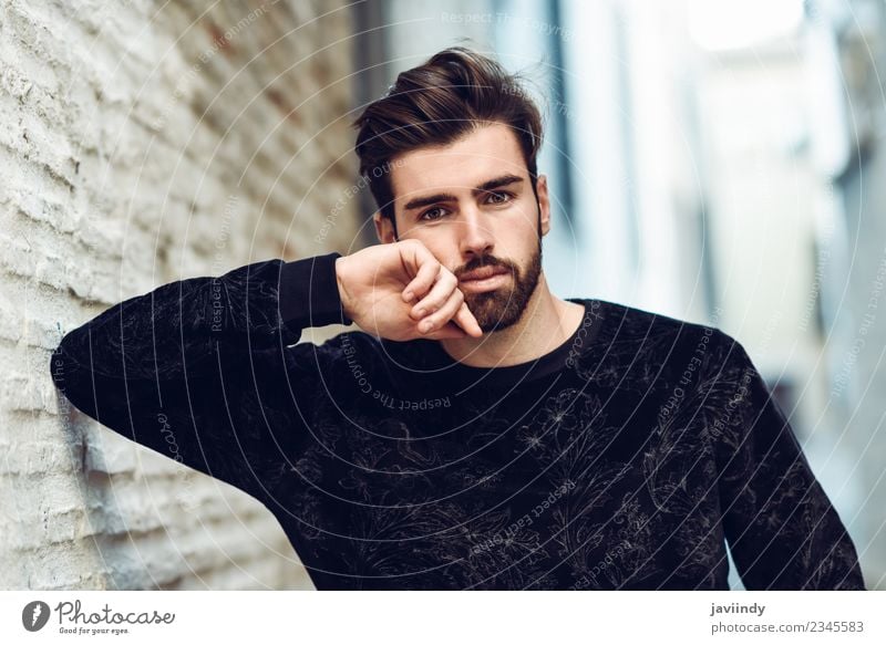 Young bearded man, model of fashion, in urban background Lifestyle Style Beautiful Hair and hairstyles Human being Masculine Young man Youth (Young adults) Man