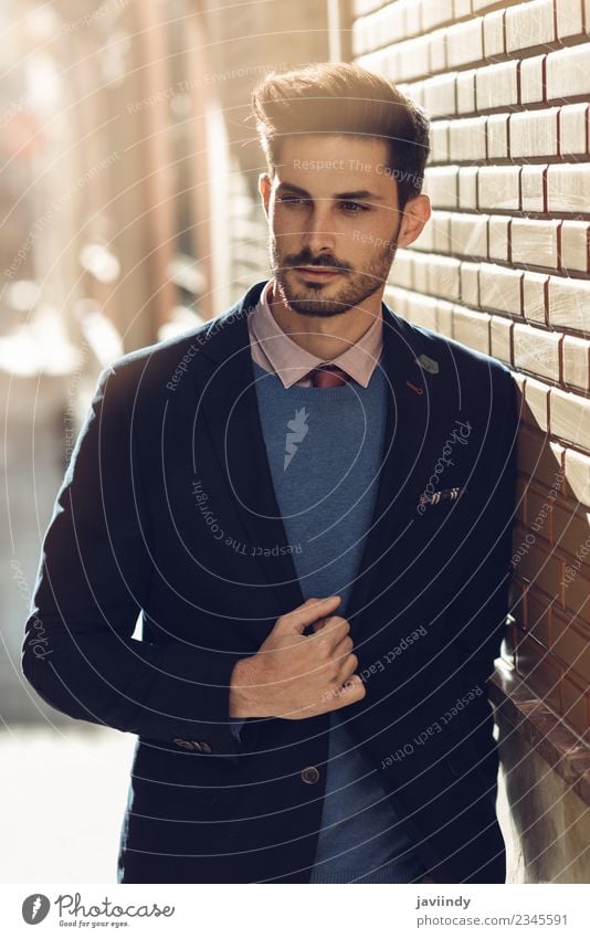 Attractive man in the street wearing british elegant suit Lifestyle Elegant Style Beautiful Hair and hairstyles Business Human being Masculine Young man