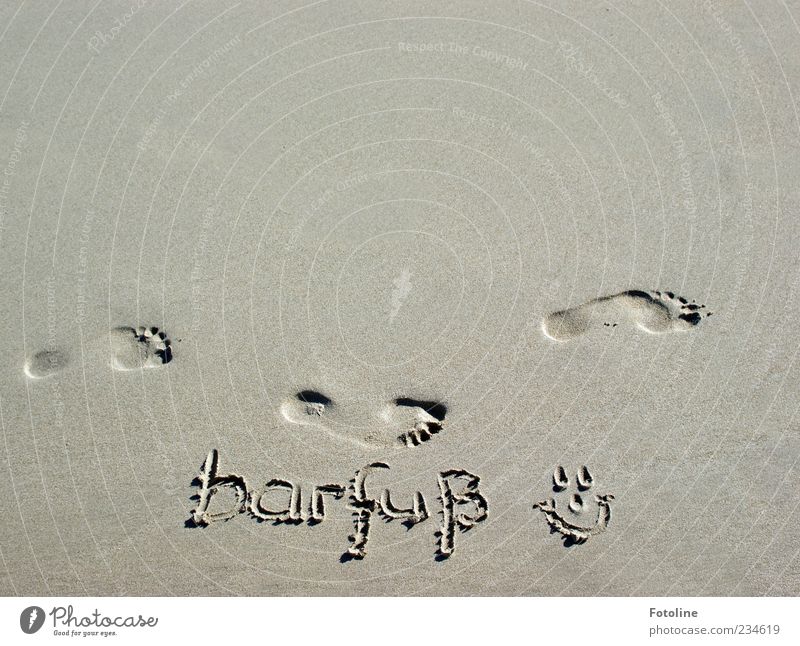 Bella barefoot! Environment Nature Elements Earth Sand Beach Bright Barefoot Footprint Characters Letters (alphabet) Smiley Colour photo Subdued colour