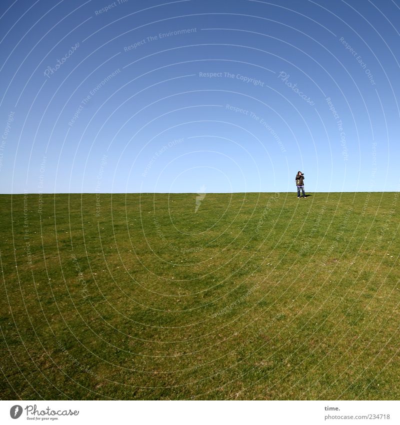 Spiekeroog Time of Silence. Human being 1 Sky Horizon Grass Meadow To enjoy Stand Blue Green Colour photo Exterior shot Copy Space top Copy Space bottom