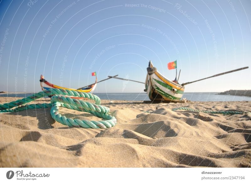 Typical old portuguese fishing Beautiful Vacation & Travel Tourism Summer Beach Ocean Rope Nature Sand Sky Coast Transport Watercraft Wood Flag Old Bright Small