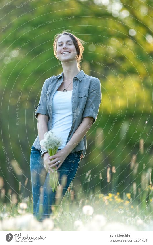 flower girl Joy Human being Feminine Young woman Youth (Young adults) Life 1 Environment Nature Plant Spring Tree Flower Grass Meadow To hold on Smiling Stand