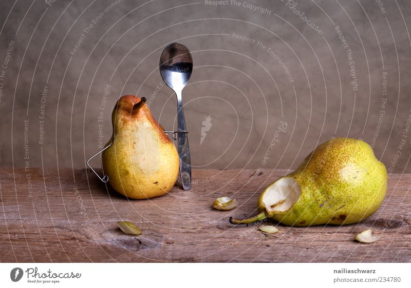 spooned up Food Fruit Pear Crunchy Juicy Nutrition Spoon Wood Metal Lie Esthetic Exceptional Fresh Sweet Brown Yellow Green End Whimsical Colour photo